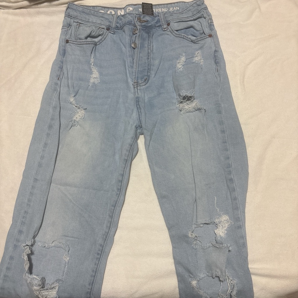 Casual Light Blue Distressed Boyfriend Jeans